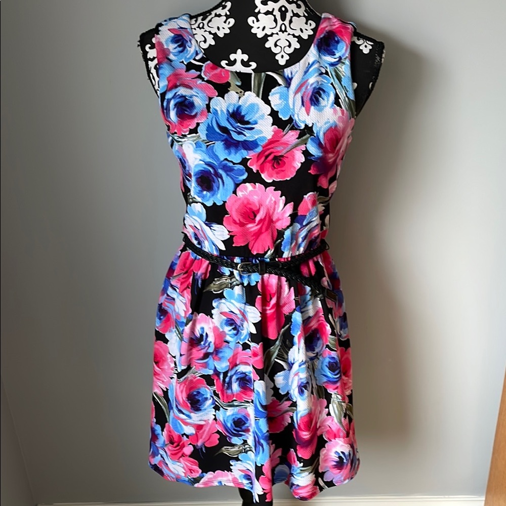 Floral Sleeveless Dress - Black, Pink, Blue